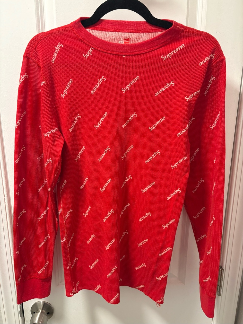 Supreme x Hanes Red Long Sleeve Thermal Shirt with All-Over Logo